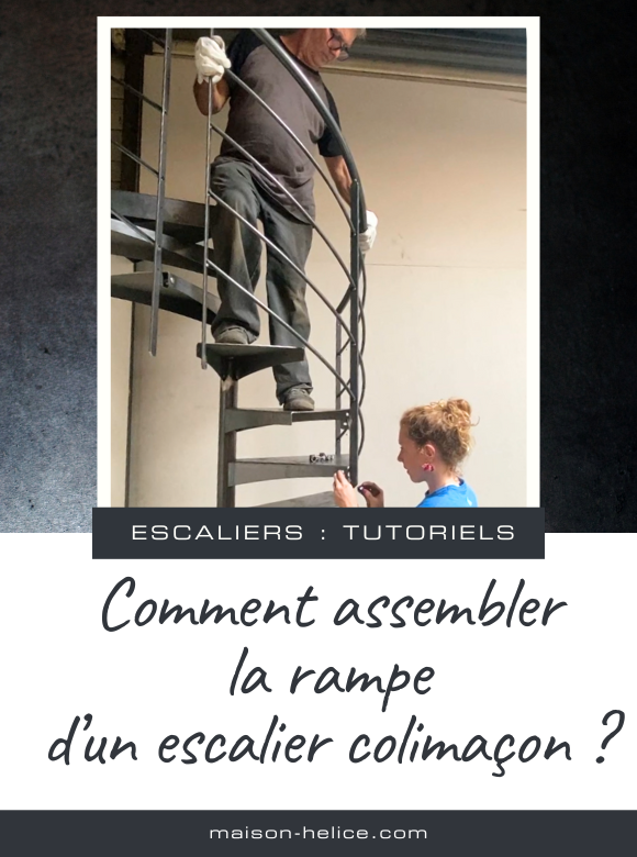 Comment assembler la rampe d’un escalier colimaçon ? Une des 6 étapes de pose du tutoriel d'installation d'un escalier colimaçon.